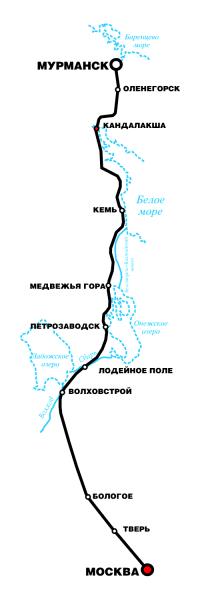 Схема железнодорожного пути Москва - Мурманск с основными станциями.
